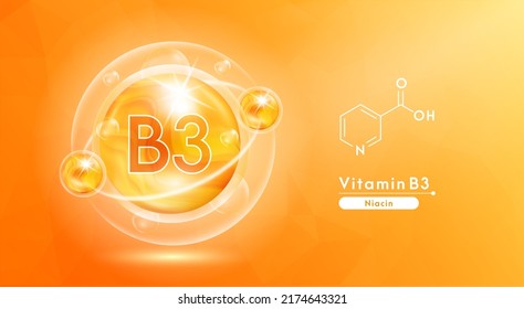 Vitamin B3 orange and structure. Pill vitamins complex and bubble collagen serum chemical formula. Beauty treatment nutrition skin care design. Medical and scientific concepts. 3D Vector EPS10.