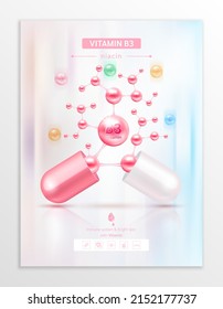Vitamin B3 pink in capsule. Essential vitamins complex and minerals in molecular form. Dietary supplement for pharmacy advertisement. Poster banner design for clinics. Medic concept. Vector EPS10.