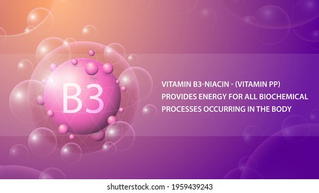 Vitamin B3, pink information poster with purple abstract medicine capsule