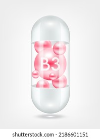 Vitamin B3 pink inside capsule pill transparent white. Health care beauty enhancement neutralize free radicals. Used for nutrition products food template design. 3D Realistic Vector EPS10.