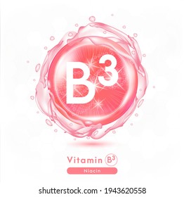 Vitamin B3, Pink shining pill capsule. Vitamin complex with Chemical formula.  Meds for health ads. Beauty treatment nutrition skin care design. Vector illustration.