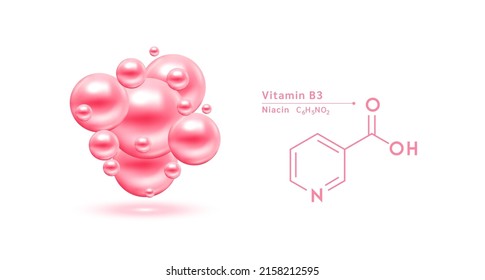 Vitamin B3 pink structural chemical formula. Hyaluronic acid skin collagen serum. Vitamin complex isolated on white background. Medical scientific concepts. 3D vector illustration.