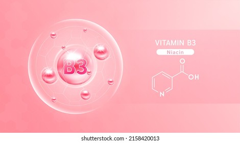 Vitamin B3 pink and structure. Vitamin solution complex with Chemical formula from nature. Beauty treatment nutrition skin care design. Medical and scientific concepts. Banner 3D vector EPS10.