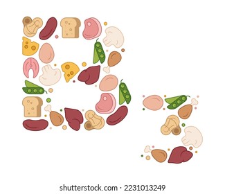 Vitamin B3 poster. Composition of products containing PP vitamin in the shape of the letter. Vector illustration