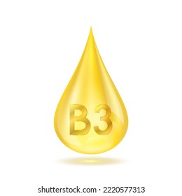 Vitamin B3 serum and collagen hyaluronic acid. Water drop vitamins complex gold isolated on white background. skincare solutions. Beauty medical concepts. 3D Realistic Vector.
