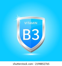Vitamin B3 shield with blue atom, an up arrow. Protect body stay healthy, protection from chemicals entering body. For nutrition products food. Medical scientific concepts. Vector illustration 3D.