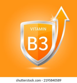 Vitamin B3 shield with orange atom, an up arrow. Protect body stay healthy, protection from chemicals entering body. For nutrition products food. Medical scientific concepts. Vector illustration 3D.