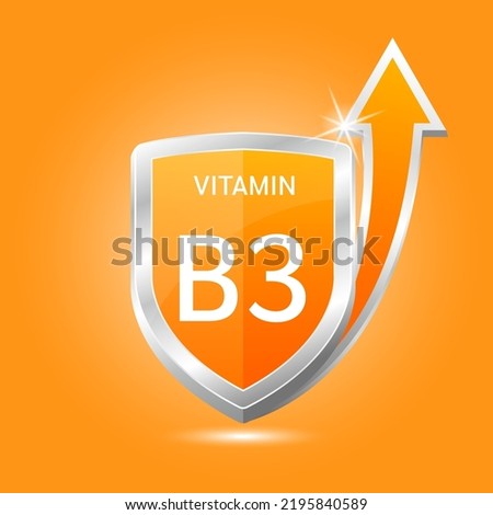Vitamin B3 shield with orange atom, an up arrow. Protect body stay healthy, protection from chemicals entering body. For nutrition products food. Medical scientific concepts. Vector illustration 3D.
