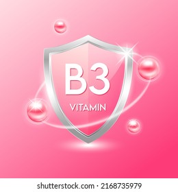 Escudo de vitamina B3 con átomo rosado. Proteger el cuerpo para que permanezca sano. Para alimentos de productos nutritivos. Conceptos científicos médicos. Ilustración vectorial.