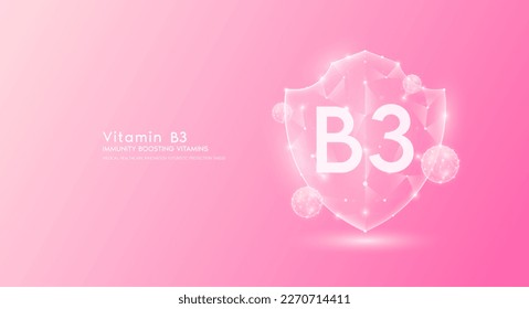 Vitamin B3 shield polygonal translucent pink. Immunity boosting vitamins. Medical innovation protect your body healthy. Shield low poly triangle modern futuristic protection. Banner vector.