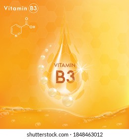 Vitamin B3 Shining golden essence droplet. Beauty treatment nutrition skin care design. Vector illustration.