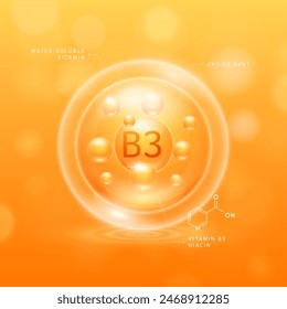 Vitamin B3 solution orange and chemical structure of Niacin. Water soluble vitamins. Collagen serum hyaluronic acid moisturizer with antioxidants for brighter skin. Cosmetic beauty nutrition. Vector.