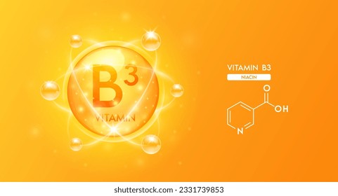 Vitamina B3 con fórmula química de estructura. Complejo de vitaminas y naranja de colágeno de burbujas para el diseño cosmético. Tratamiento de belleza nutrición cuidado de la piel. Conceptos médicos. Vector 3D.