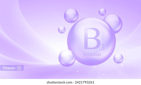 Banner vectorial de vitamina B3 con burbujas de gota. Afiche médico del complejo de vitamina B. Salud y belleza. Complementos nutricionales