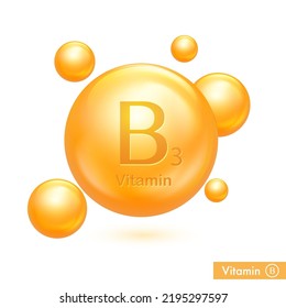 Vitamin B3 vector gold icon. 3d golden drop pill capsule. B vitamin complex. Beauty treatment nutrition skin care design