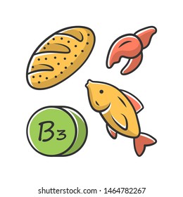 Vitamin B3 yellow color icon. Bread, fish and seafood. Healthy eating. Nicotinic acid. Vitamin PP, niacin natural food source. Proper nutrition. Minerals and antioxidants. Isolated vector illustration