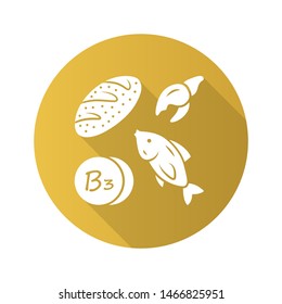 Vitamin B3 yellow flat design long shadow glyph icon. Bread, fish and seafood. Nicotinic acid. Vitamin PP, niacin natural food source. Minerals and antioxidants. Vector silhouette illustration