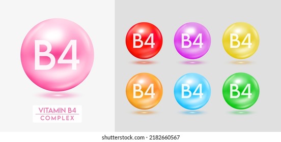Complejo de vitamina B4. Conjunto de bolas coloridas de las cápsulas multivitaminas minerales aislados en el fondo gris. Suplemento dietético para publicidad en farmacia, diseño de paquetes. EPS10 vectores.
