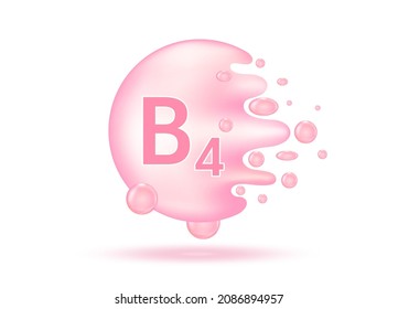 Vitamin B4 Tropfenwasser. Vitamin-Komplex aus der Natur. Schönheitsbehandlung Ernährung Hautpflege Design. Medizinisches und wissenschaftliches Konzept. rosafarbene Pilzkapsel einzeln auf weißem Hintergrund. 3D-Realistischer Vektorgrafik.