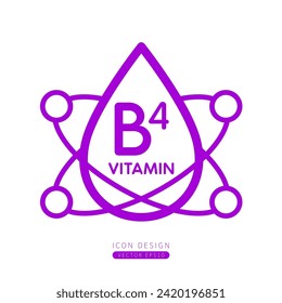 El ícono del cuentagotas de vitamina B4 morado con moléculas circundantes forman una línea simple. Aislado sobre un fondo blanco. Concepto de símbolo médico. Diseño para uso en aplicaciones web móviles y medios impresos. Vector.