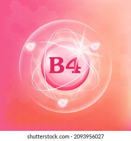 Estructura del icono de la vitamina B4, sustancia amarilla rosa. Símbolo médico de la tiamina. Ilustración vectorial. Complejo de vitamina 3D con fórmula química. Atención personal, concepto de belleza concepto de negocio de drogas