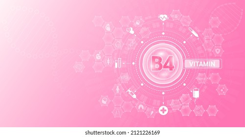 Vitamin B4 and Mineral supplements complex pharmaceutical capsule. Vitamins food sources and functions. Health care and science icon pattern medical innovation. On a pink background. Vector EPS 10.