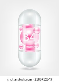 Vitamin B4 rosa in der Kapselpille transparent weiß. Die Verbesserung der Schönheit im Gesundheitswesen neutralisiert freie Radikale. Wird für Nährstoffprodukte verwendet. 3D-Realistischer Vektorgrafik EPS10.