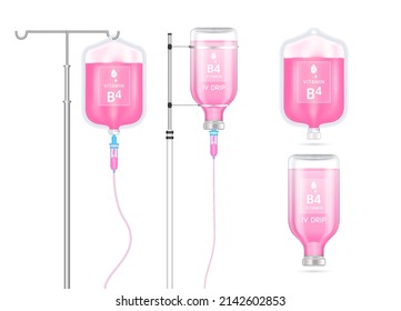 Vitamin B4 solution inside saline bag, bottle and syringe hanging on pole. Isolated on white background vector. Serum collagen vitamins IV drip and minerals pink for health. Medical aesthetic concept.