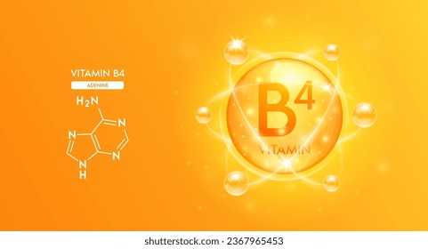 Vitamin B4 with structure chemical formula. Bubble collagen serum orange and Vitamins complex for cosmetics design. Medical concepts. Beauty treatment nutrition skincare. 3D Vector.