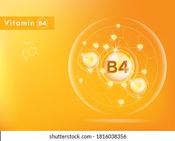 Vitamin B4 and structure. Medicine capsule, Golden substance on orange background. 3D Vitamin complex with chemical formula. Personal care and beauty concept. Illustration Vector EPS10