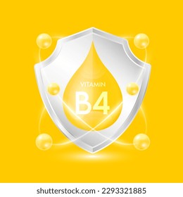 Vitamin B4 gelber Tropfen in Aluminium silberner Schild mit Atom-Umgebung. Mineralien und Vitamine Komplex schützen den Körper bleiben gesund. Für Nahrungsmittel. Vektorgrafik EPS10.