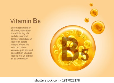 Vitamin B5. Baner with vector images of golden balls with oxygen bubbles. Health concept. 