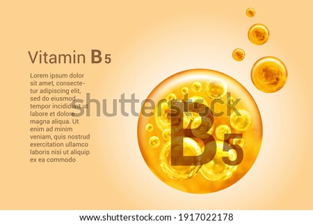 Vitamin B5. Baner with vector images of golden balls with oxygen bubbles. Health concept. 