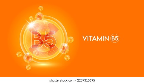 Vitamina B5 y molécula átomo de burbuja colágeno de la piel de protección de la fórmula química sérica. Complemento nutricional antiedad para el cuidado de la piel complejo multivitamínico. En el fondo naranja. vector 3D.