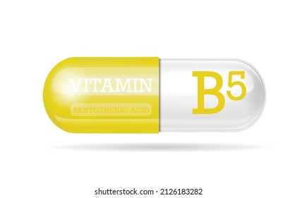 Vitamin B5 capsule, yellow-white structure. 3D Vitamin complex with chemical formula. Personal care, beauty concept. copy space. Vector illustration