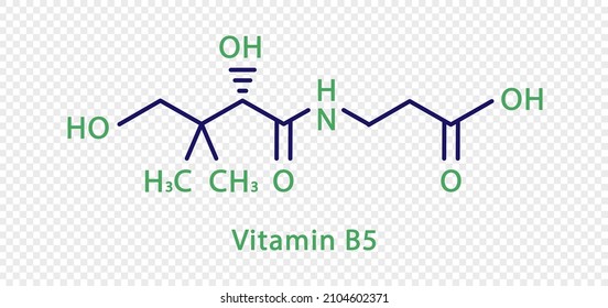 Fórmula química de vitamina B5. Fórmula química estructural de vitamina B5 aislada en un fondo transparente.