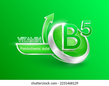 Vitamina B5 en forma de círculo verde con flecha. Se utiliza para diseñar suplementos dietéticos o productos de belleza. Conceptos médicos. Icono 3d aislado. Ilustración del vector EPS10.