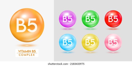 Vitamin B5 complex. Set of colorful balls multivitamins capsules minerals isolated on grey background. Dietary supplement for pharmacy advertisement, package design. Vector EPS10.
