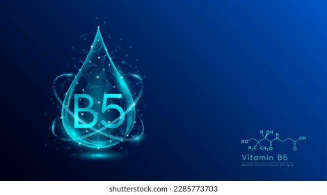 Vitamin B5 drop blue low poly and structure chemical formula. Medicine science innovative. Multivitamins complex collagen supplement skincare anti aging. Cosmetics nutrition banner design. Vector.