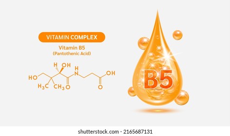 Vitamin B5 drop and structure isolated on white background. Vitamin solution complex orange balls with bubbles. Beauty treatment nutrition skin care design. Medical scientific concepts. 3D vector.