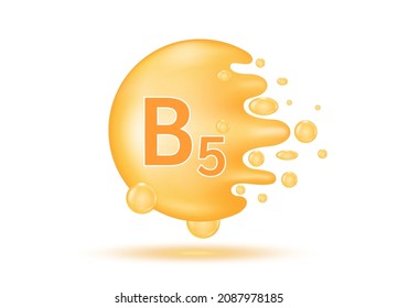 Vitamin B5 Tropfenwasser. Vitamin-Komplex aus der Natur. Schönheitsbehandlung Ernährung Hautpflege Design. Medizinisches und wissenschaftliches Konzept. Orangefarbene Pilzkapsel einzeln auf weißem Hintergrund. 3D-Realistischer Vektorgrafik.