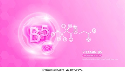 Vitamin B5 essential supplement to the health body. Pink vitamins complex and chemical formula structure. Minerals collagen serum. Beauty nutrition skin care design or cosmetic. 3D vector.