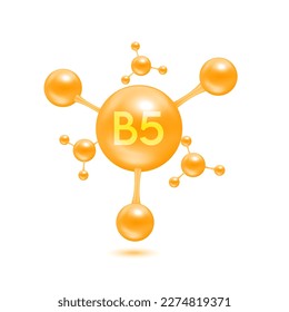 Vitamin B5 in the form of atoms molecules orange glossy. Icon 3D isolated on white background. Minerals vitamins complex. Medical and science concept. Vector EPS10 illustration.