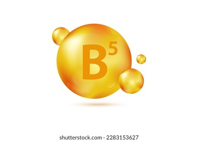 Vitamin B5 gold capsule. Pill capcule vector illustration isolated on white background. Nutrition skin care. Beauty and health vector concept. Pantothenic acid vitamin drop pill capsule