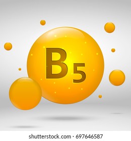 Vitamin B5 gold icon. Pantothenic acid drop pill capsule. Vitamin complex design