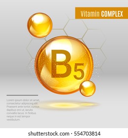 Vitamin B5 gold shining pill capcule icon . Vitamin complex with Chemical formula, group B,  Pantothenic acid. Shining golden substance drop. Meds for heath ads. Vector illustration