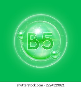 Vitamin B5 grün. Vitaminkomplex und Bubble Collagen Serumchemikalie. Für Nahrungsergänzungsmittel Design und Schönheitsbehandlung Hautpflege. Medizinische und wissenschaftliche Konzepte. 3D-Vektorgrafik EPS10.