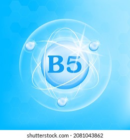 Estructura del icono de vitamina B5 sustancia azul claro. Concepto de negocio de drogas. Símbolo médico de la tiamina. Ilustración de vectores 3D. Complejo de vitamina con fórmula química. Cuidados personales, concepto de belleza.