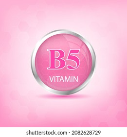 Vitamin B5 icon structure pink substance.  Personal care, beauty concept. Medicine health symbol of thiamine. Drug business concept. Vector Illustration. 3D Vitamin complex with chemical formula.