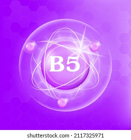 Vitamin B5 icon structure purple substance of butterfly pea. Medicine health symbol of thiamine. Drug business concept. Vector Illustration. 3D. Complex with chemical formula. Personal care, beauty.